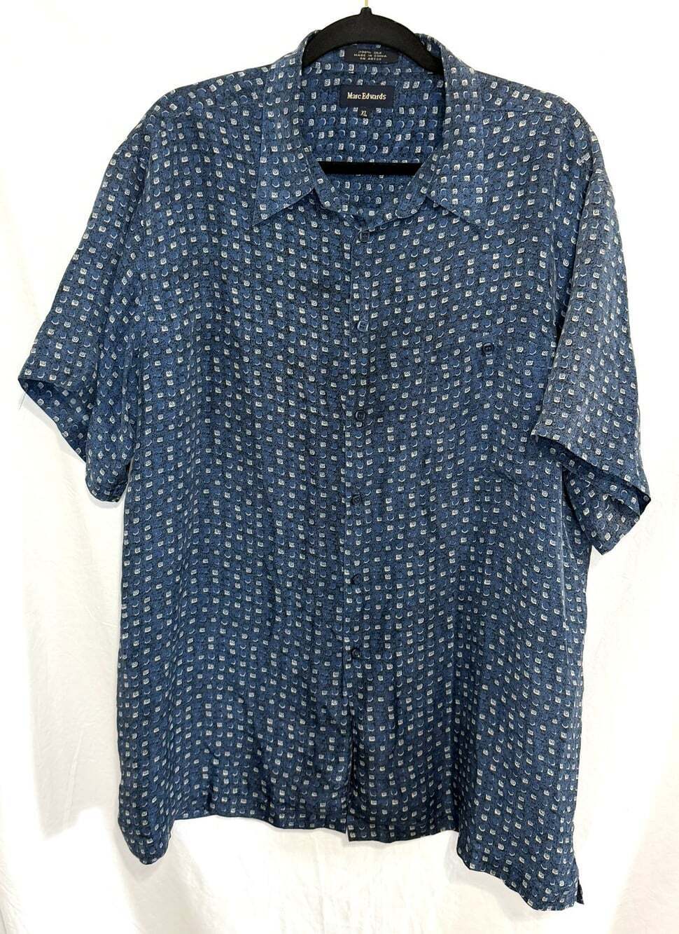 Marc Edwards Vintage 90s Blue Abstract Print Silk Button Front Shirt Men's XL